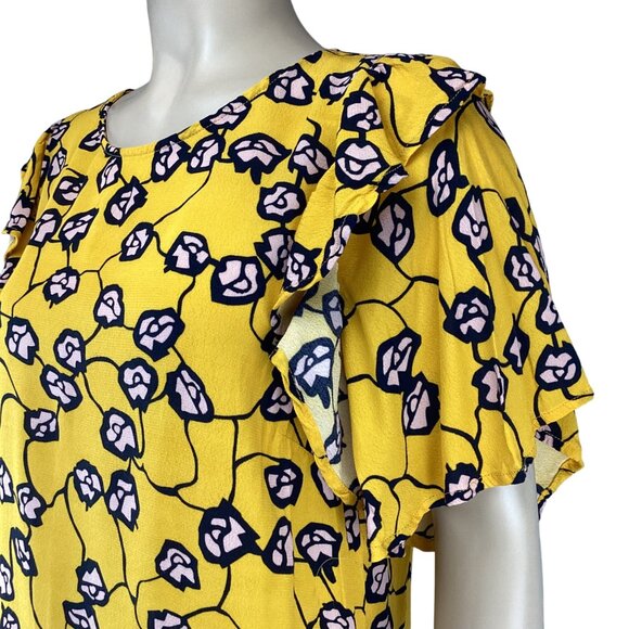 Code X Mode Top Size Large Floral Print Ruffle Sleeve Blouse‎ Yellow/Pink/Black - Picture 5 of 7